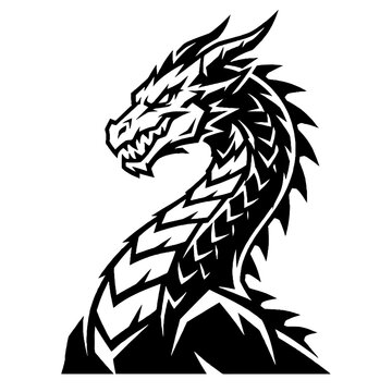 Black and white vector illustration of a stylized dragon head and neck profile featuring sharp scales and aggressive facial features on white background