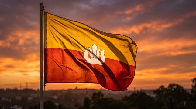 Karnataka Kannada Flag Waving at Sunset Sky