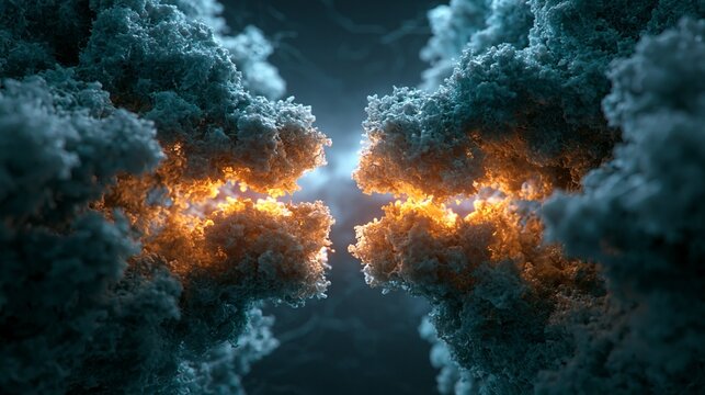 A close-up molecular scene of two folding proteins locking at highlighted binding pockets inside a dim biotech lab setting. Precise, analytical mood, dramatic teal and amber lighting, symmetrical