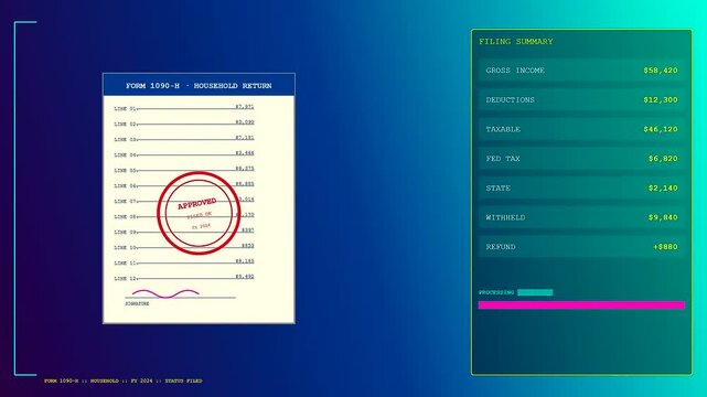 Household finance tracking software displays data processing on a monitor screen where digital tax forms are filled out and marked as officially approved for financial tax audit
