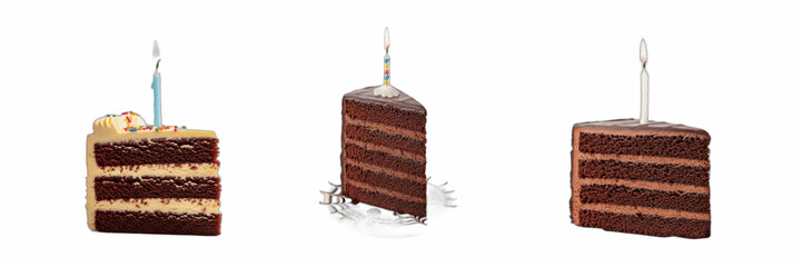 Obraz premium Set of decadent chocolate cake slices with birthday candles isolated on white background. Delicious dessert collection for celebration, party, bakery marketing, food menu design, high-quality isolated