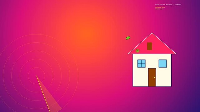 Household finance tracking systems illustrated through a digital radar interface showing money symbols appearing over a simple residential house shape during a simulated financial monitoring cycle