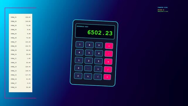 Household finance tracking appears on a glowing digital display showing three variations of calculated accounting data tables with neon glowing calculator interfaces in a cinematic motion sequence