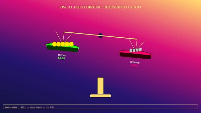 a colorful digital scale showing household finance tracking with floating numbers and rising gold coins against a glowing gradient purple and orange light surface background