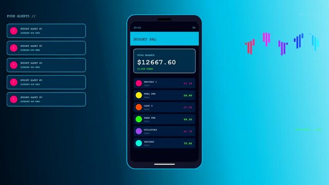 Household finance tracking app animation displays various bank account data points on a smartphone screen featuring neon graphical overlays and smooth transitions within a virtual interface