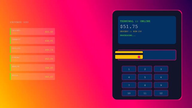 Household finance tracking appears on a glowing digital interface featuring automated merchant payment processing in a minimalist grid arrangement illuminated by vibrant neon gradient light atmosphere
