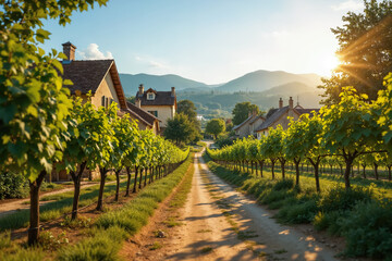 Fototapeta premium Landscape with a dirt road surrounded by vineyards in the countryside of Southern Europe. Created using generative AI tools