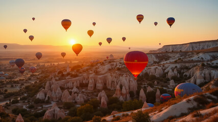 Obraz premium Hot air balloons hovering over a mountainous area with ancient ruins at sunrise. Created using generative AI tools