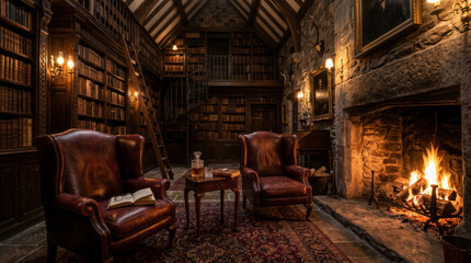 Obraz premium A burning stone fireplace illuminates a Gothic library interior featuring dark oak bookshelves and leather wingback chairs. AI