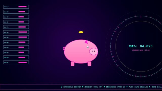 Digital household finance tracking interface showing a pink piggy bank animation with a floating gold coin and fluctuating data metrics on a dark purple screen