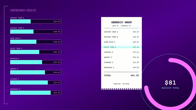 Household finance tracking interface displays itemized receipt expenses as glowing neon bar charts within a dark digital environment providing clear monetary insights for personal budget management
