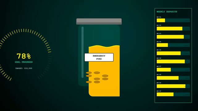 Household finance tracking display shows incremental progress of gold currency inside jars with neon bar graphs moving across digital monitors for personal savings growth monitoring