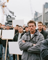 Fototapeta premium Concerned residents holding blank protest signs near cranes and industrial buildings, tense mood, overcast daylight, layered street-level composition.