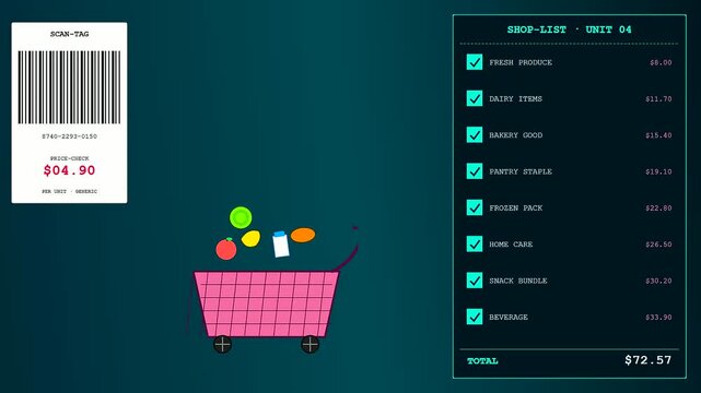 Household finance tracking appears on a glowing digital interface while a pink shopping cart fills with various groceries during an animated sequence about daily expense management