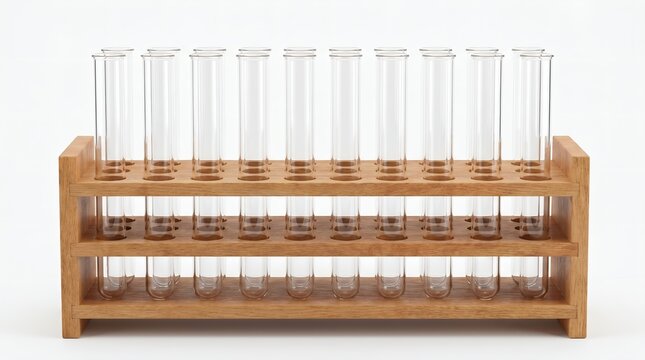 Row of empty glass test tubes in a wooden rack isolated on white background