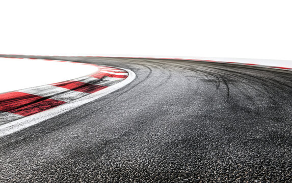 Close up perspective of a challenging asphalt racetrack turn featuring dramatic skid marks and the distinctive red and white curbing&nbsp;&nbsp;