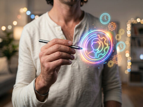 Business start up bootstrap concept with man drawing digital user gear icon in home office