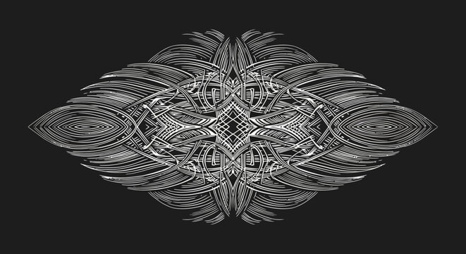 Intricate Symmetrical Hand Engraved Ornamental Filigree Design with Vintage Line Art on Black Background