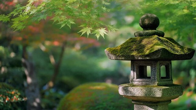 Mossy Stone Lantern Traditional Japanese Garden Slow Motion Macro Cinematic Loop - Zen Nature Abstract Background