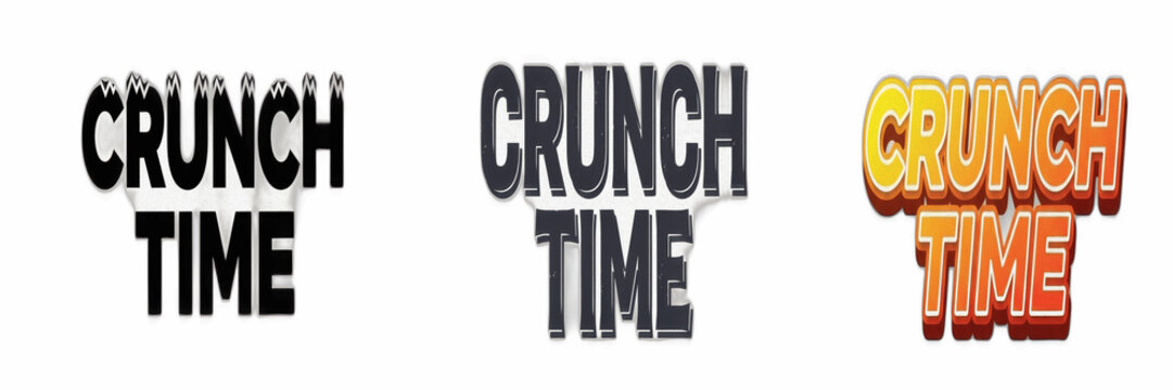 "CRUNCH TIME" Text Effect | PNG Bundle with 3 Styles | Classic Black, Distressed Grunge, & Vibrant 3D Orange-Yellow Gradient for Fast Food Branding, Gaming, Bold Headlines, and Urgent Messaging - Isol