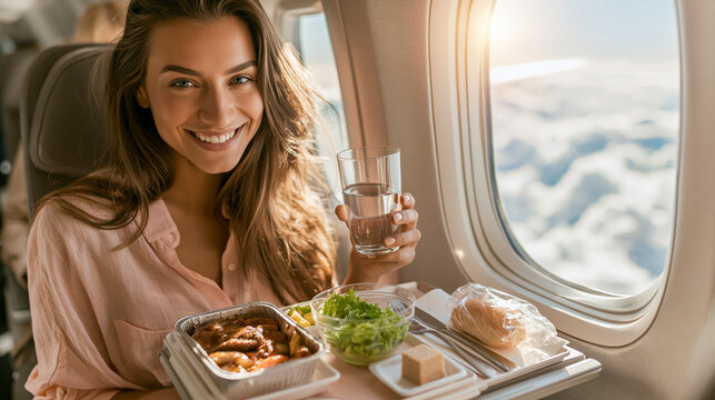  Smiling beautiful female passenger holding a glass of water and enjoying an inflight meal by the airplane window. Air travel, catering and airline service concept.