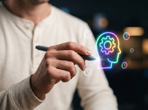 Business start up bootstrap hand drawing glowing head gear concept for strategy growth and innovation