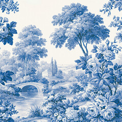 Obraz premium Toile de Jouy vintage pattern illustrating a pastoral landscape with a stone bridge over a river, a rural house, and abundant flowers