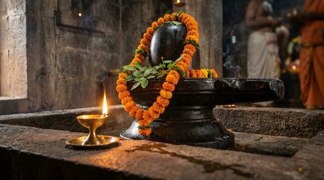 Shiva Lingam with marigold flowers and lamp.