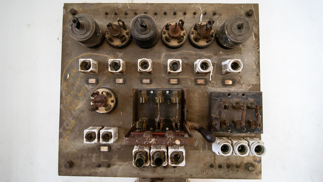 Vintage Antique Electrical Control Panel with Ceramic Fuses and Knife Switches