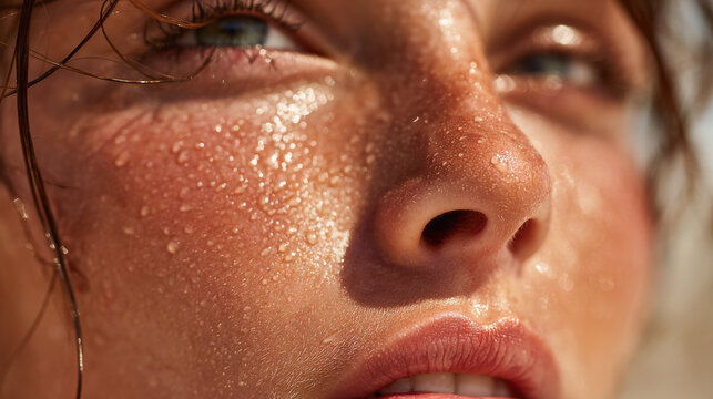 Extreme close-up portrait of woman with water droplets on skin. Natural beauty, skincare and hydration concept. Fresh look, healthy glow, summer feeling and refreshing skin care.