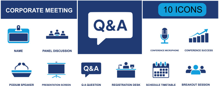 Corporate meeting icon set. Containing name badge, panel discussion, conference microphone, podium speaker, presentation screen, registration desk, breakout session and more. Solid fill vector icons.
