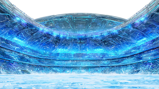 An epic futuristic football stadium with grandstands, cinematic lighting, and a high-tech design under a twilight sky. This immersive, state-of-the-art arena features sleek architecture, glowing archi