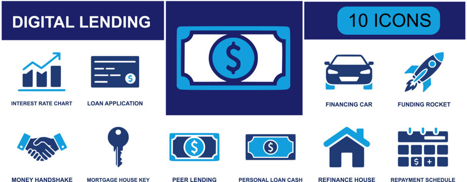 Digital lending icon set. Containing interest rate chart, loan application, financing car, mortgage key, peer lending, refinance house, repayment schedule and more. Solid fill vector icons.