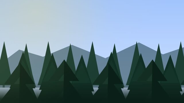 Minimalist Flat Design Forest Landscape with Pine Trees and Mountains Background Animation.