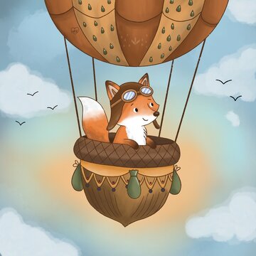 Adorable baby fox traveling in an acorn hot air balloon, watercolor nursery art