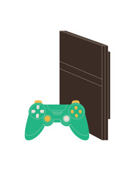 Retro game console and controller in flat style, with gamepad and joystick for gamer sticker. Videogame sticker art, electronic entertainment for vintage pop theme, classic device digital fun. © Moonnoon