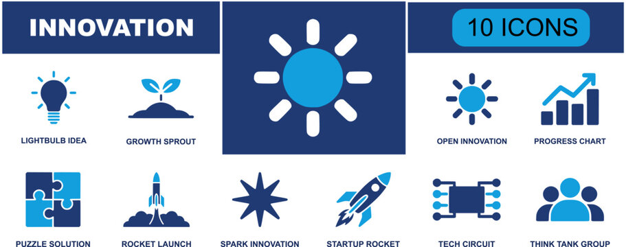 Innovation icon set. Containing lightbulb idea, growth sprout, open innovation, progress chart, puzzle solution, startup rocket, tech circuit, think tank group and more. Solid fill vector icons.