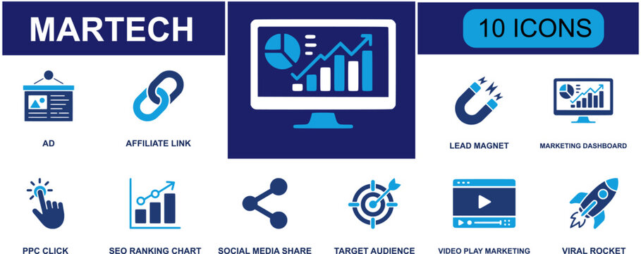 Martech icon set. Containing ad campaign, affiliate link, lead magnet, marketing dashboard, PPC click, SEO ranking chart, social media share, target audience and more. Solid fill vector icons.