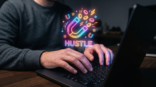 Startup business man typing on laptop with glowing hustle icon and dark office mood