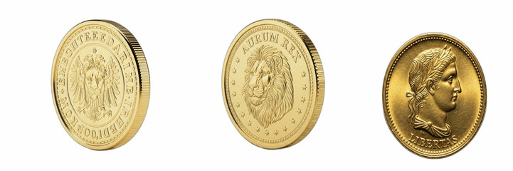 Gold Coin Set Ancient Roman and Vintage Golden Coins Isolated on White Background Transparent PNG File, Antique Cash Currency Mockup for Finance Banking Wealth Investment Economy Business and Game Des © michael