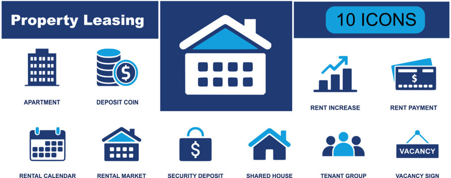 Property leasing icon set. Containing apartment, deposit coin, rent increase, rent payment, rental calendar, security deposit, tenant group, vacancy sign and more. Solid fill vector icons.