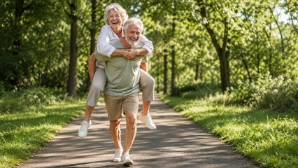 Fototapeta premium Elderly couple enjoys a joyful moment together as the man carries his wife on his back along a woodland trail.