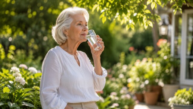 Senior woman enjoys drinking a refreshing glass of water while relaxing in her lush green garden on a sunny day.