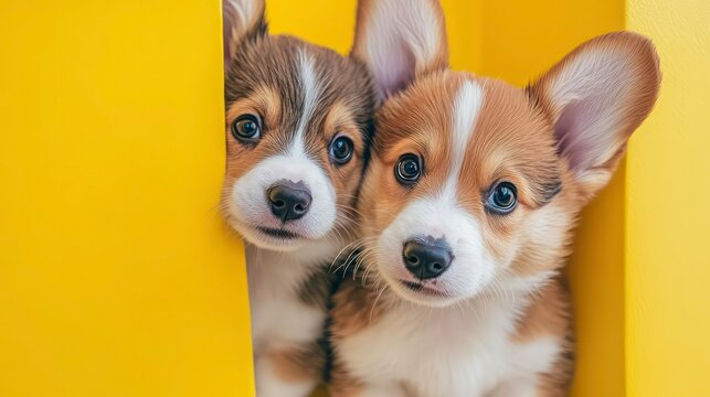 Two adorable corgi puppies peeking around a bright yellow corner