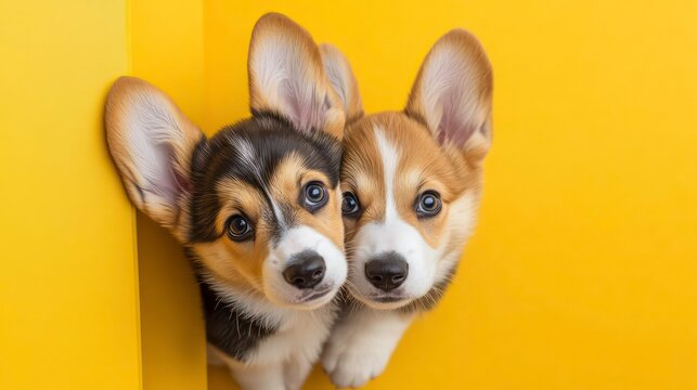 Two adorable corgi puppies peeking around a bright yellow corner
