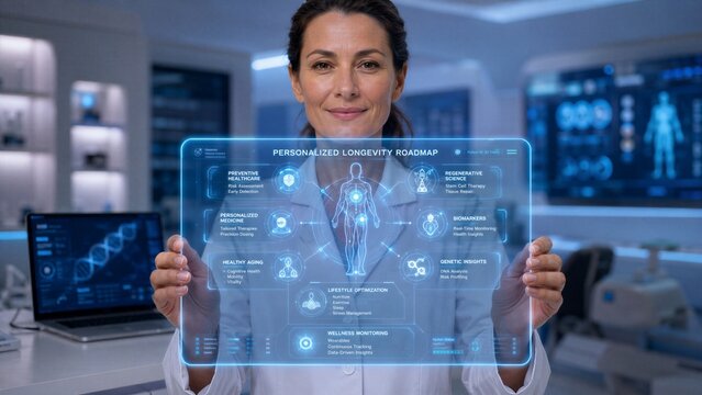 Female scientist interacts with a futuristic holographic interface displaying personalized longevity roadmap and advanced medical data in a high-tech laboratory setting.