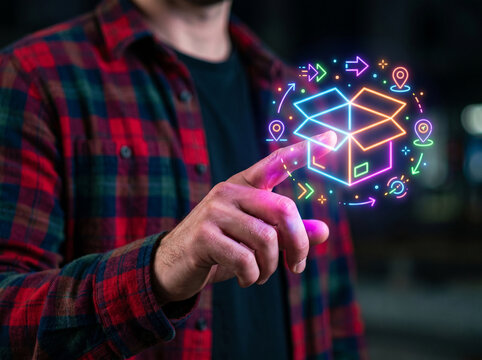 Start up bootstrap business concept with hand touching glowing box icon, modern logistics and delivery planning