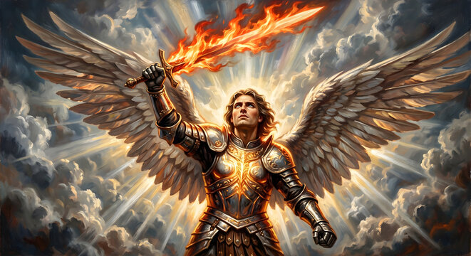 Archangel Michael with Flaming Sword Ascending in Heavenly Light