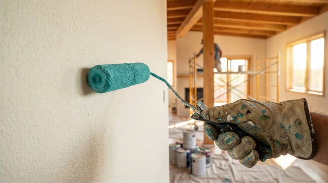 Closeup of a painters hand in a work glove using a roller to paint a wall in a house under construction