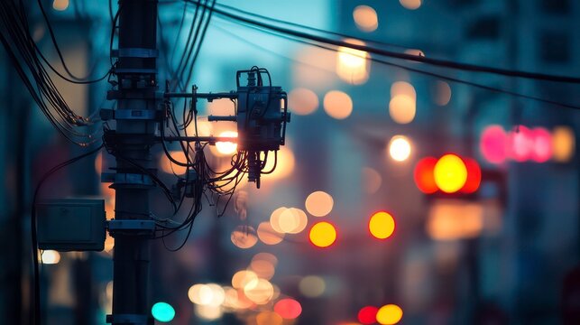 Urban cityscape with power lines and electrical transformers against a blurred street background with bokeh lights, creating a dynamic and industrial atmosphere.